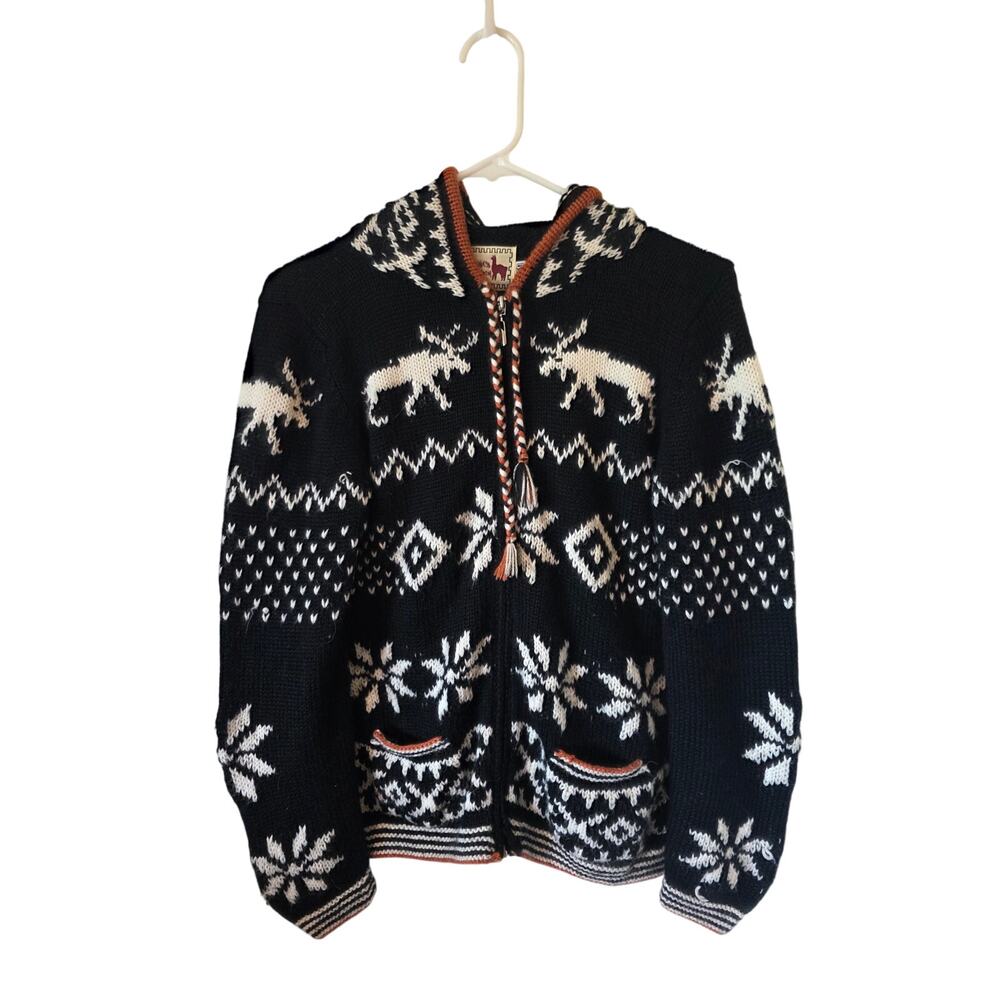 The Alpaca Connection Womens Snowflake Print Cardigan Hood Sweater Black White